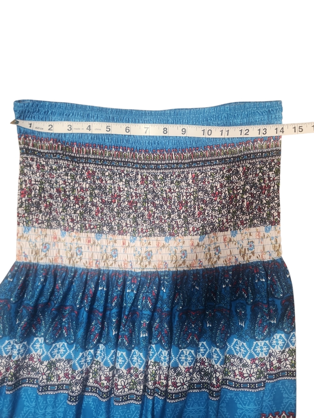 Blue Strapless Floral Boho Print Smocked Sundress. XL - Picture 7 of 10